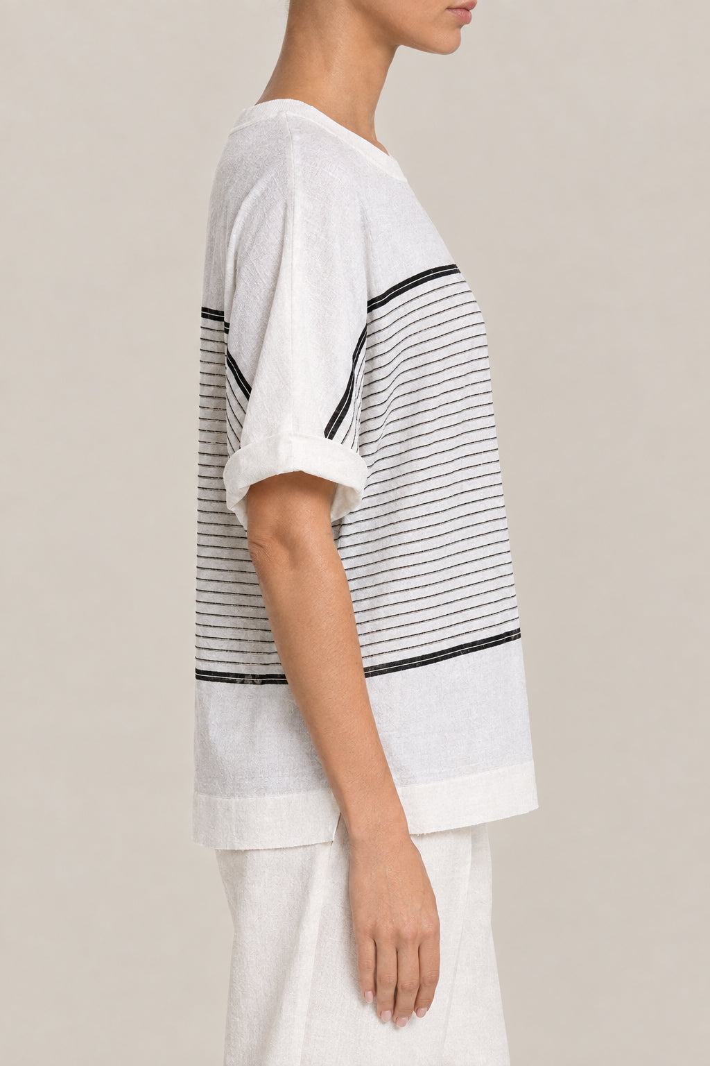 BRUNELLO CUCINELLI WOMEN'S WHITE BLACK STRIPED WOOL SILK SHORT SLEEVE SHIRT