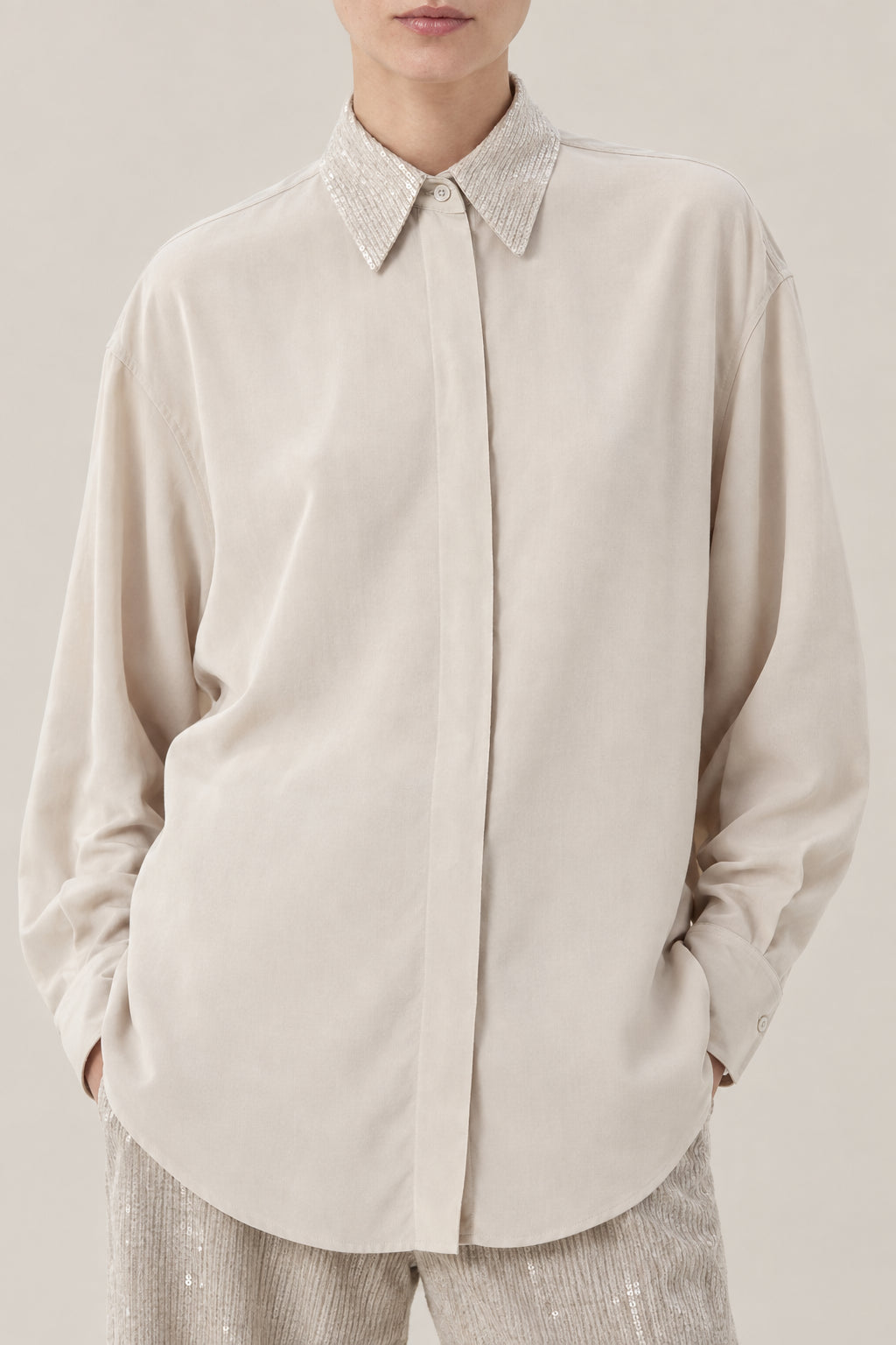 BRUNELLO CUCINELLI WOMEN'S SAND SILK RELAXED SHIRT