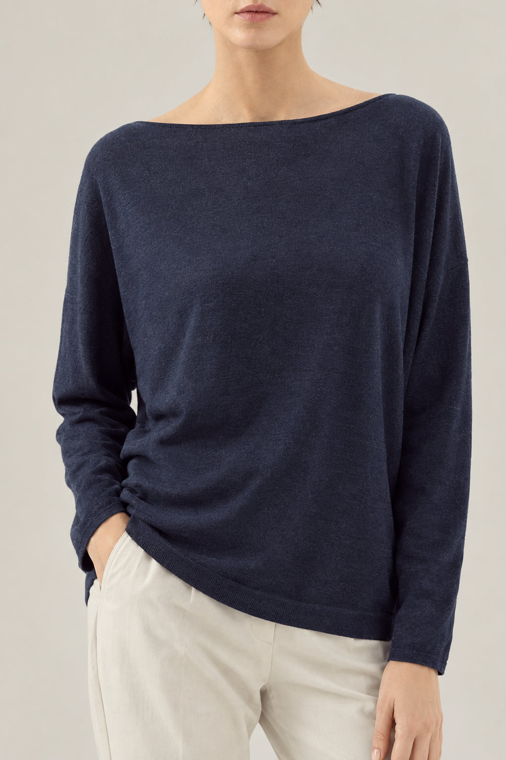 BRUNELLO CUCINELLI WOMEN'S COLD BLUE WOOL SILK BOAT NECK SHIRT