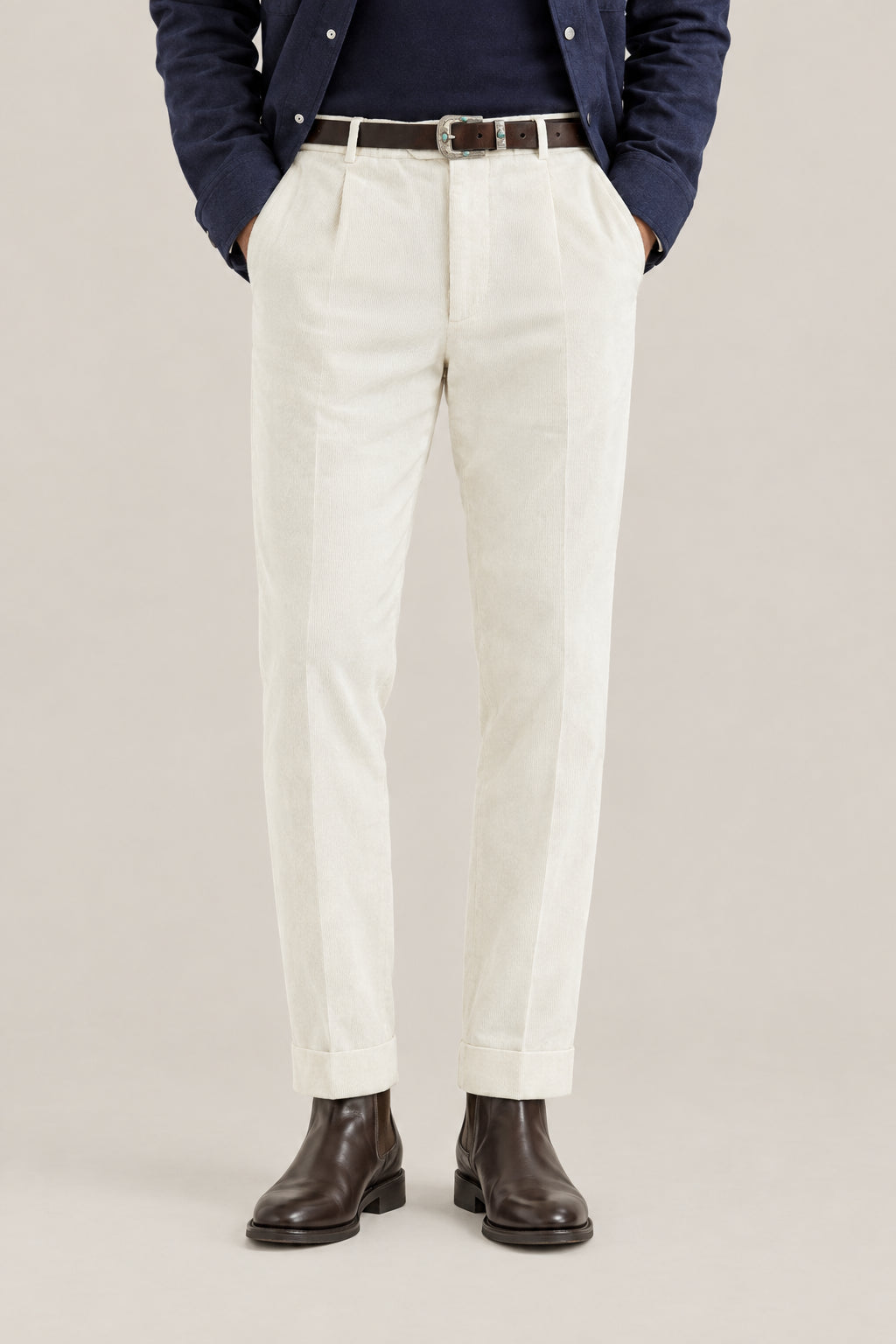 BRUNELLO CUCINELLI MEN'S OFF WHITE COTTON PLEATED TROUSERS