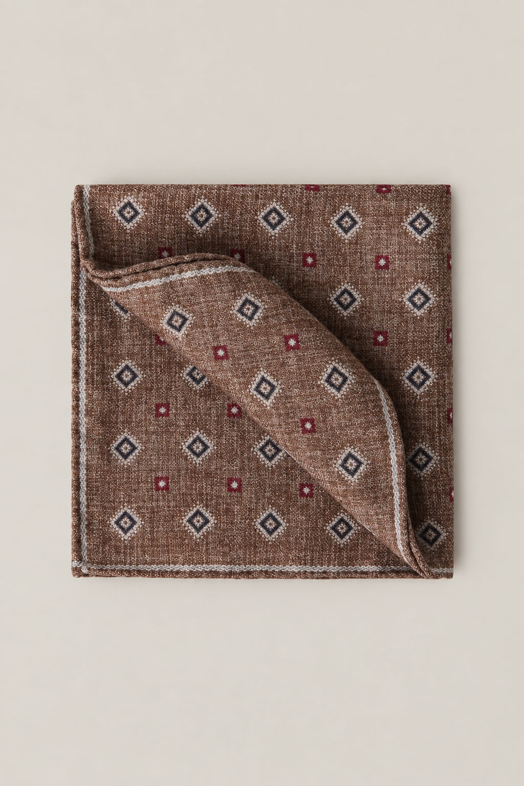 BRUNELLO CUCINELLI MEN'S BROWN RED SILK PATTERNED POCKET SQUARE