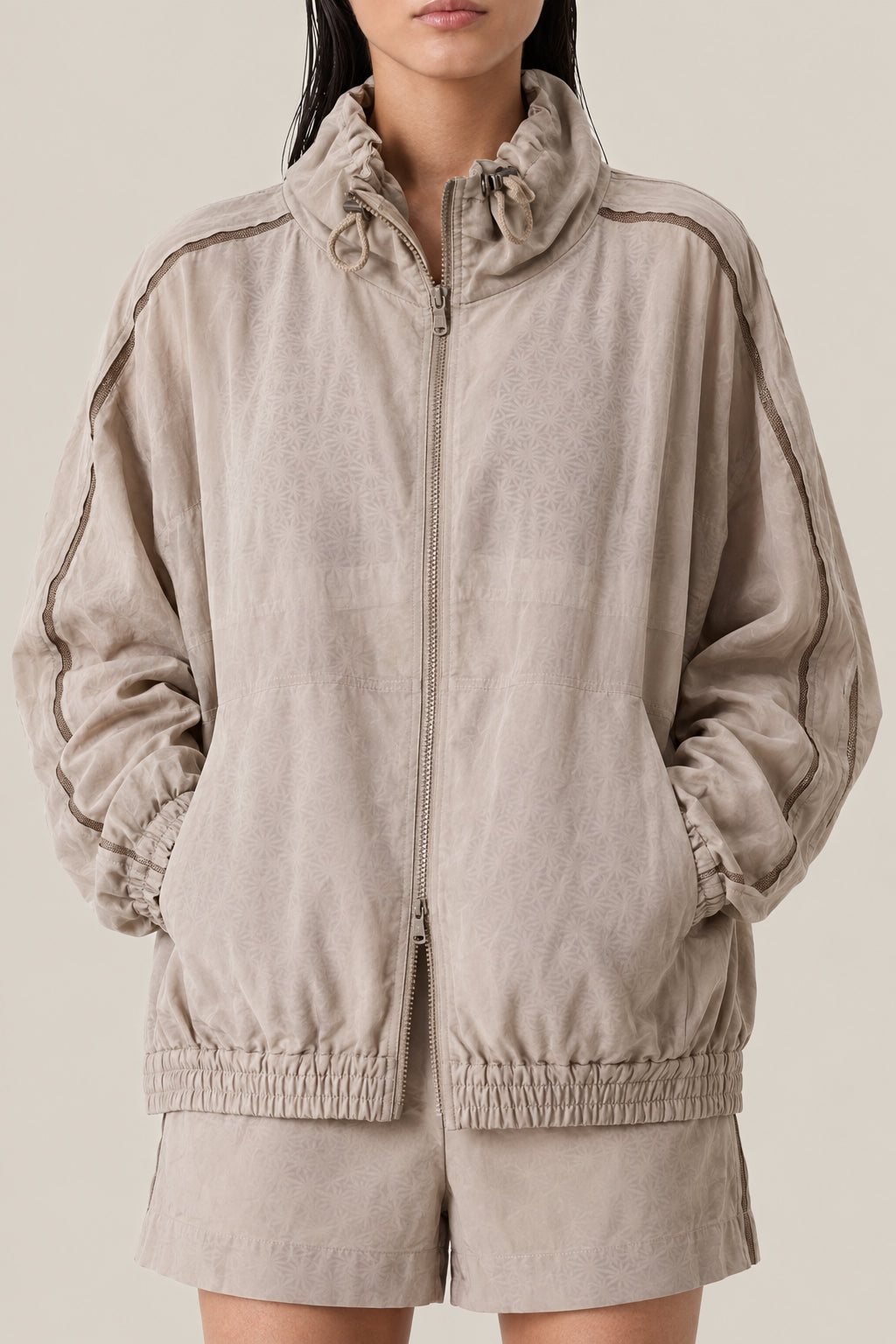 BRUNELLO CUCINELLI WOMEN'S COFFEE CREAM COTTON ZIP FRONT JACKET