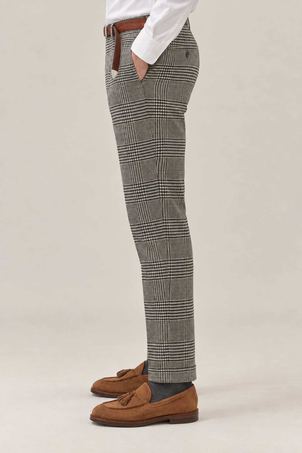 BRUNELLO CUCINELLI MEN'S GREY WOOL CHECKED TROUSERS