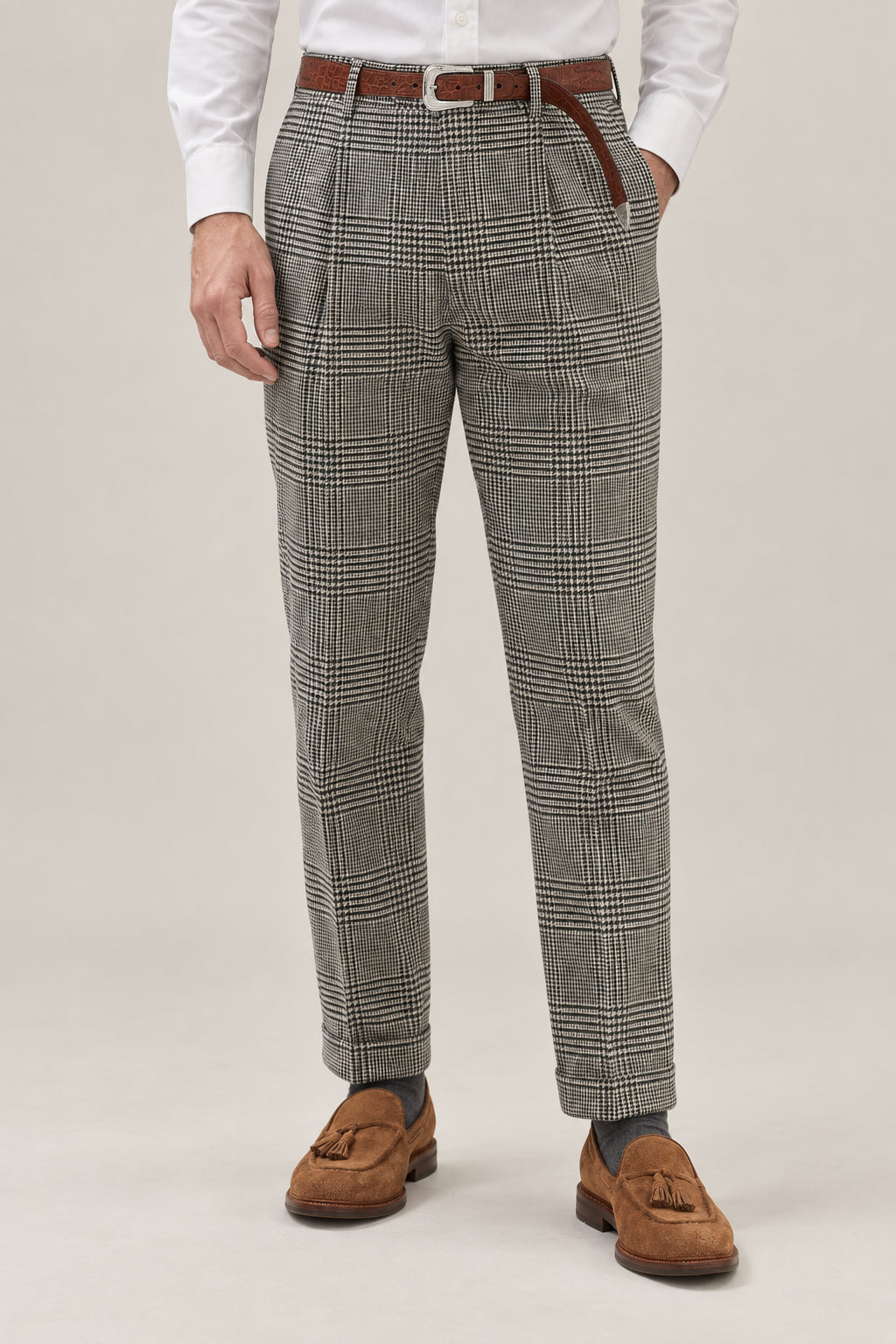 BRUNELLO CUCINELLI MEN'S GREY WOOL CHECKED TROUSERS