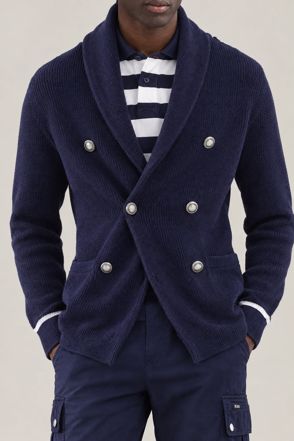 BRUNELLO CUCINELLI MEN'S NAVY DOUBLE-BREASTED SHAWL CARDIGAN