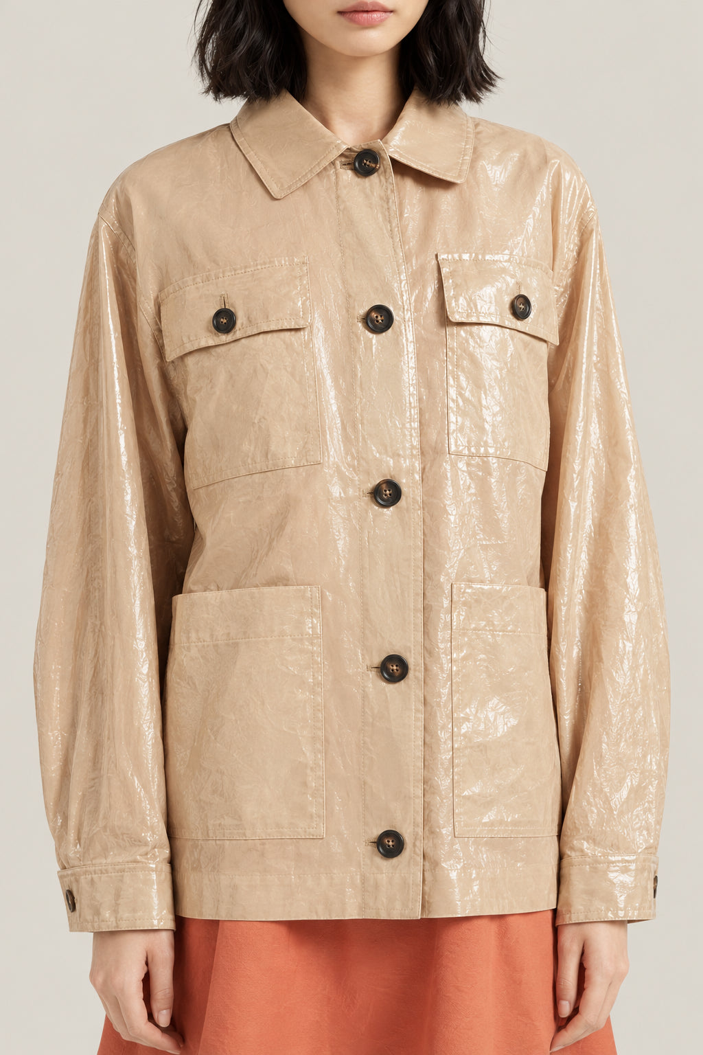 BRUNELLO CUCINELLI WOMEN'S BEIGE GLOSSY BUTTON FRONT JACKET