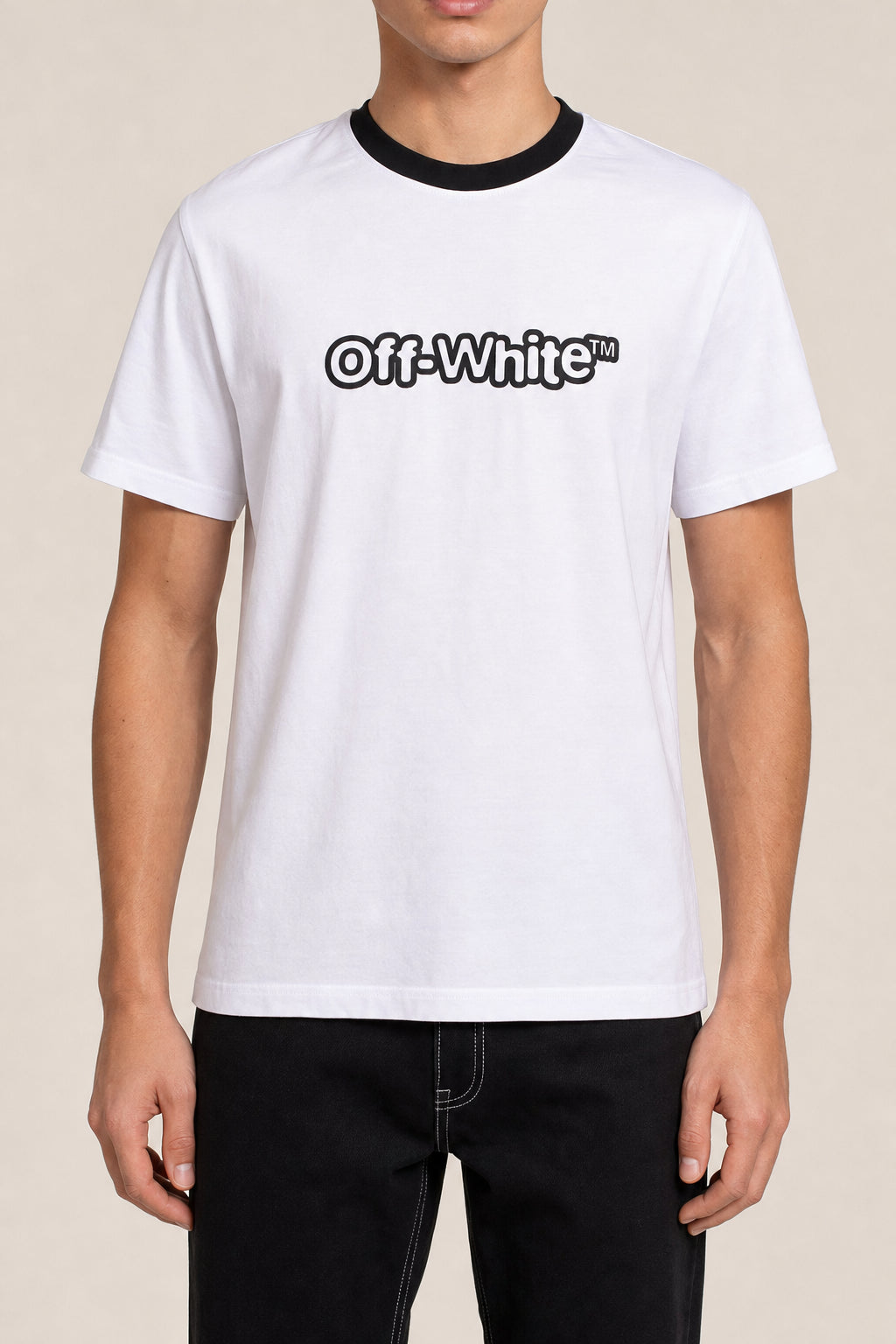 OFF-WHITE MEN'S WHITE COTTON SLIM FIT RINGER SHIRT