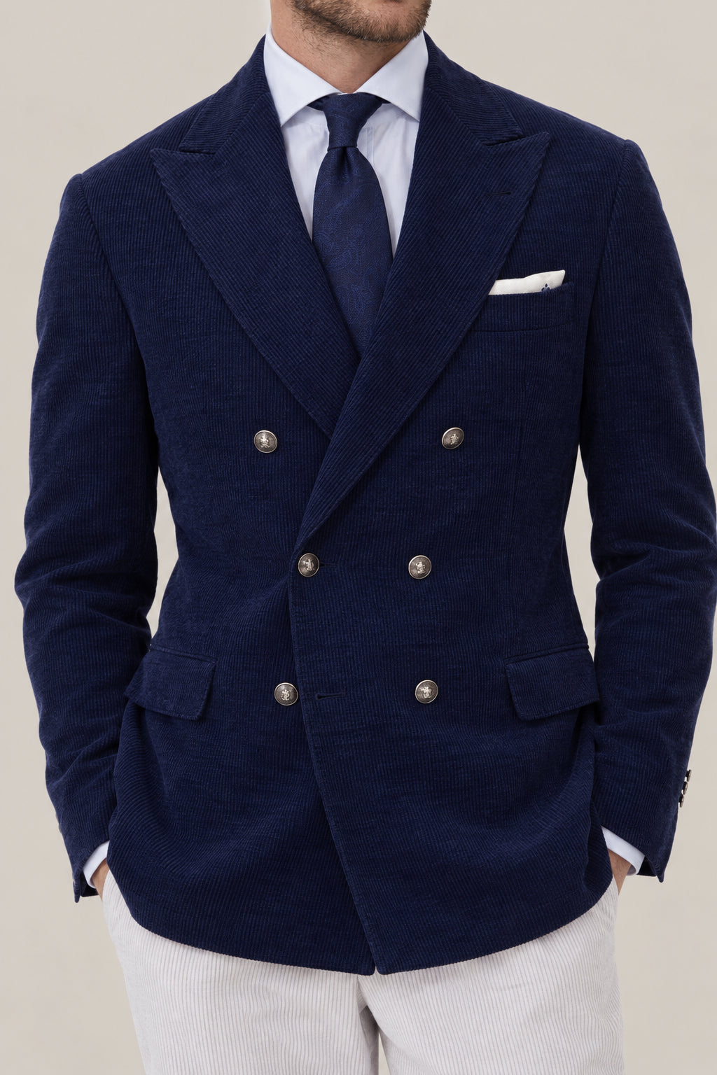 BRUNELLO CUCINELLI MEN'S SAPPHIRE WOOL SILK DOUBLE BREASTED BLAZER
