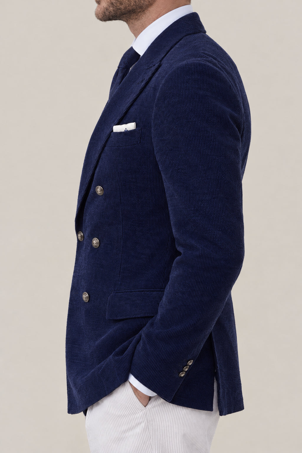 BRUNELLO CUCINELLI MEN'S SAPPHIRE WOOL SILK DOUBLE BREASTED BLAZER