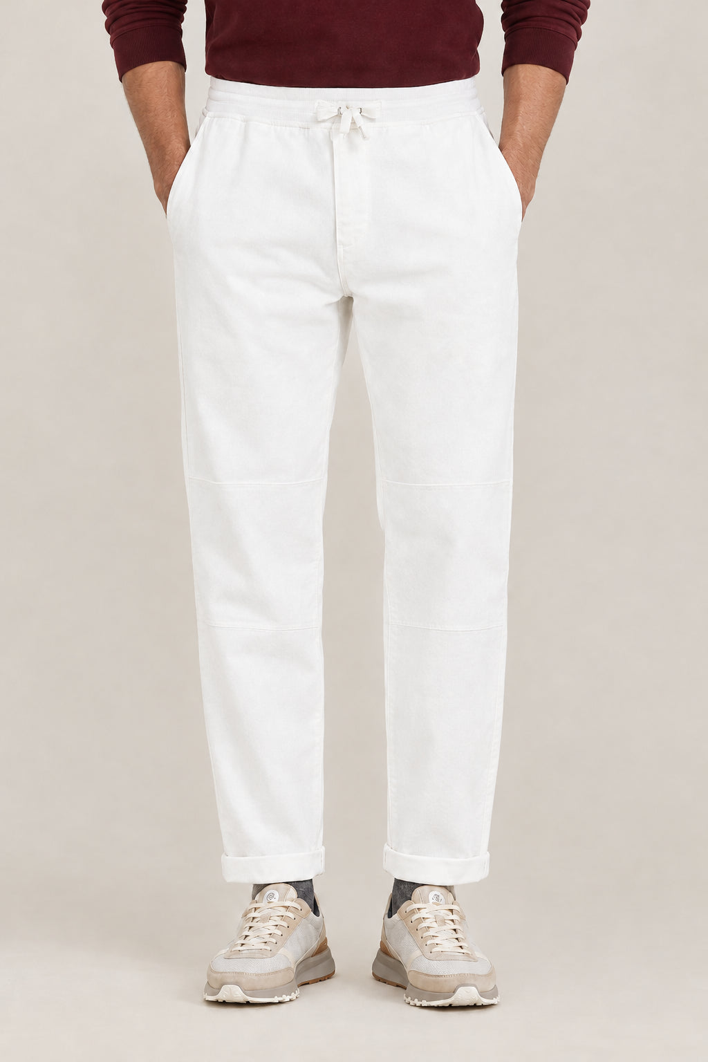 BRUNELLO CUCINELLI MEN'S OFF WHITE COTTON CASUAL TROUSERS