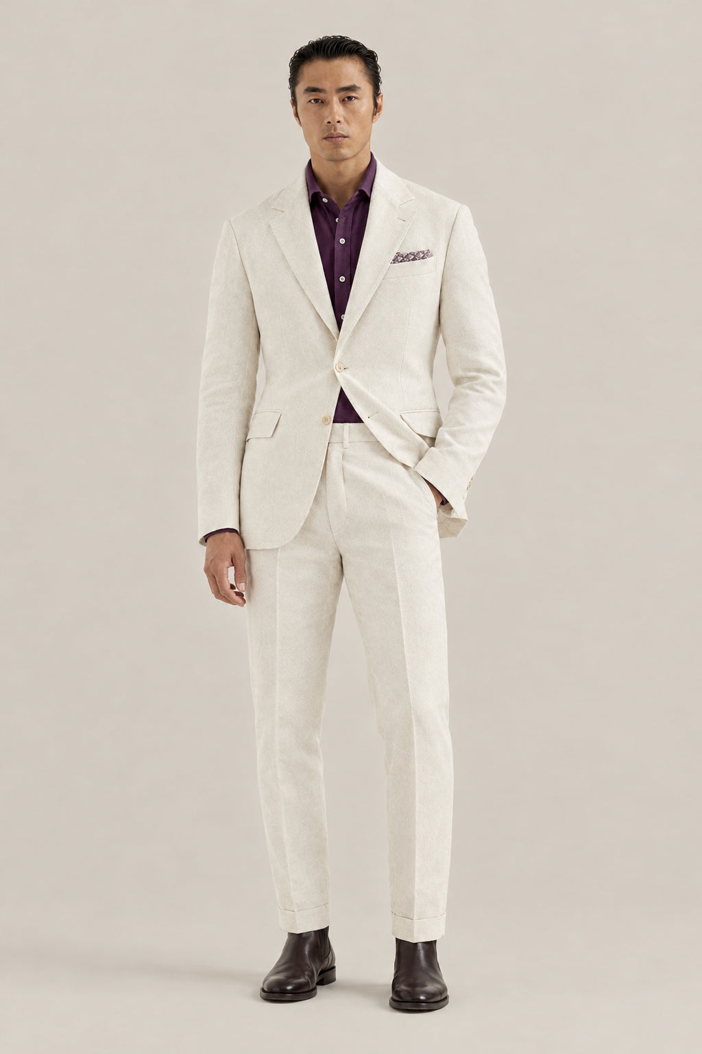 BRUNELLO CUCINELLI MEN'S ENGLISH WHITE COTTON LINEN SUIT