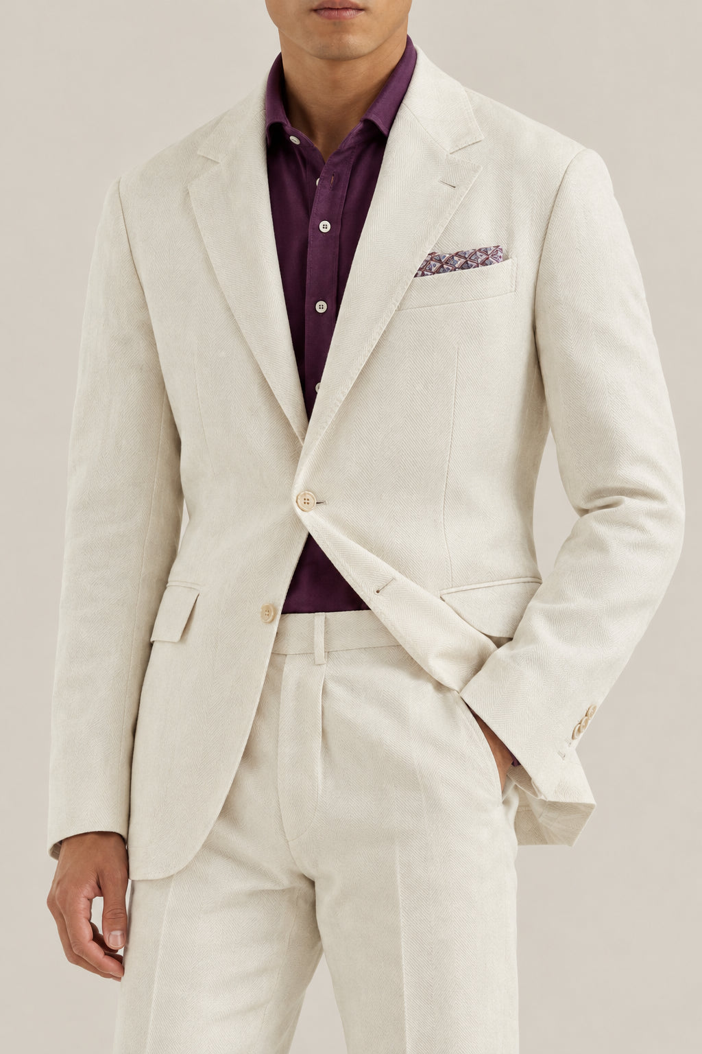 BRUNELLO CUCINELLI MEN'S ENGLISH WHITE COTTON LINEN SUIT