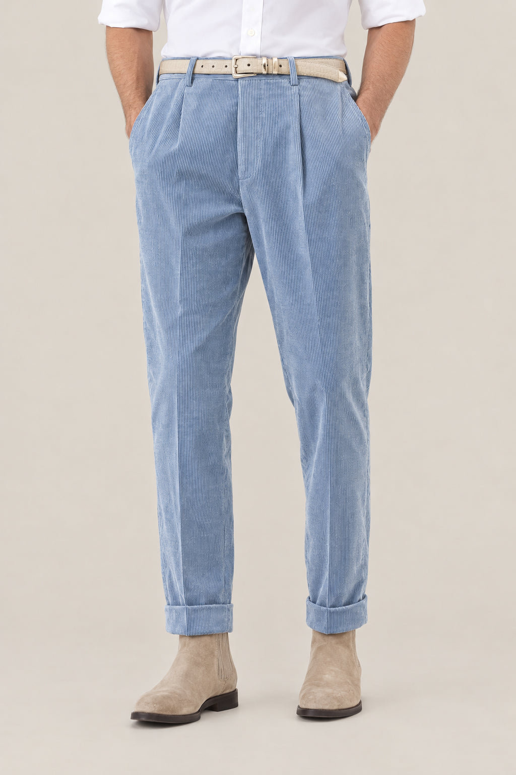 BRUNELLO CUCINELLI MEN'S CLOUD COTTON WOOL BLEND PLEATED TROUSERS