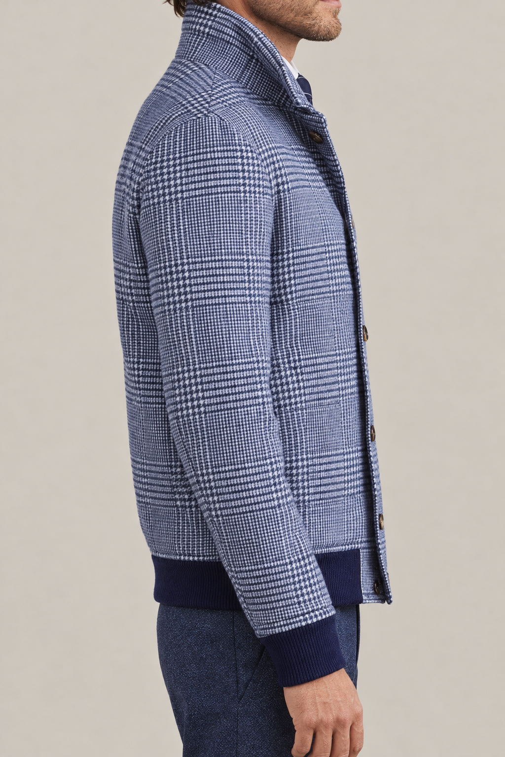 BRUNELLO CUCINELLI MEN'S INDIGO BLUE WOOL BLEND CHECKED JACKET