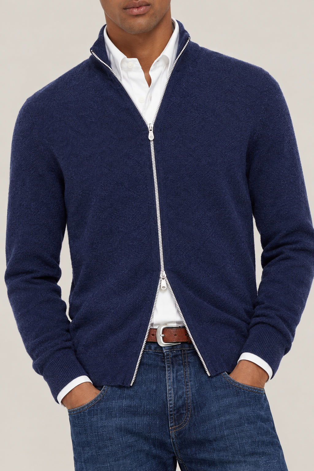 BRUNELLO CUCINELLI MEN'S BLUE INDIGO WOOL ZIP FRONT SWEATER