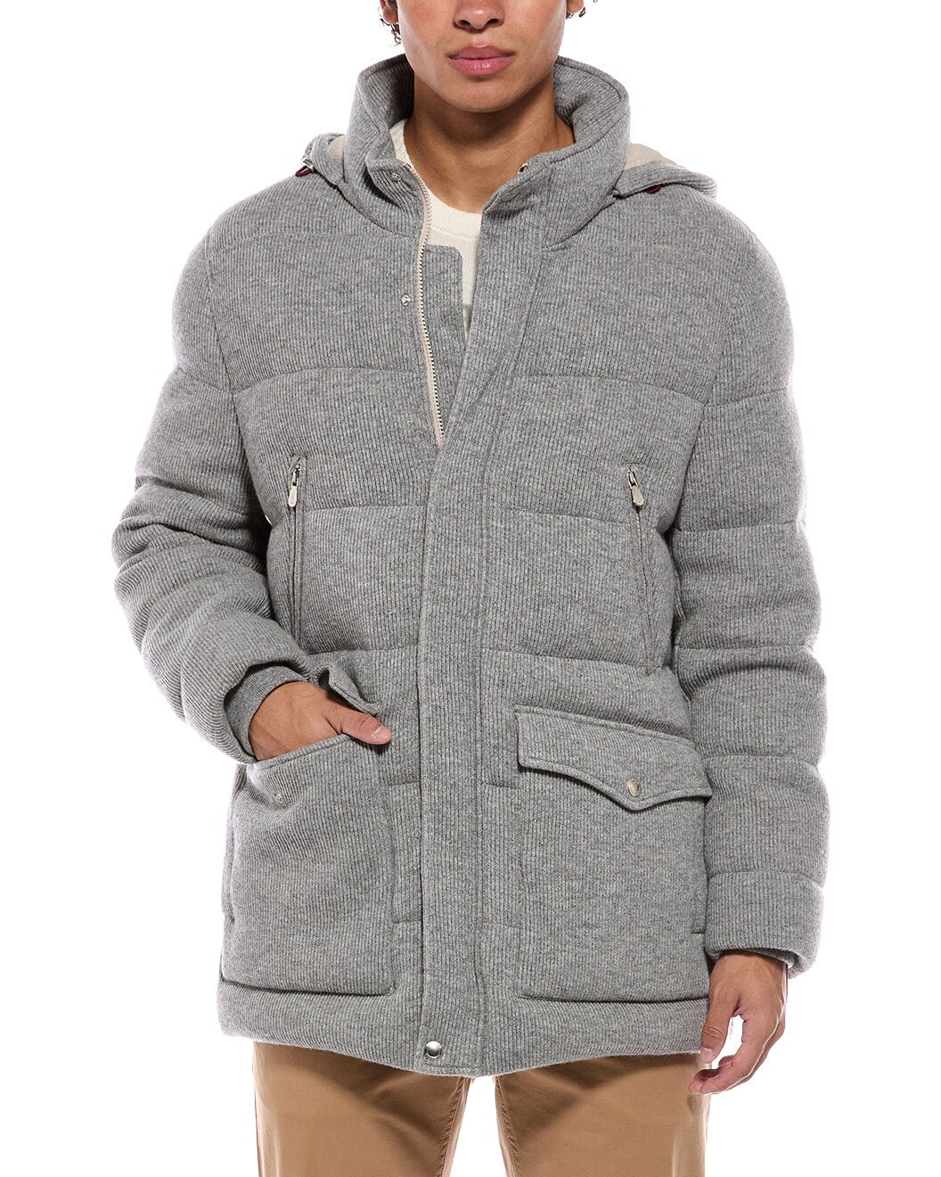BRUNELLO CUCINELLI MEN'S LIGHT GREY WOOL PADDED JACKET