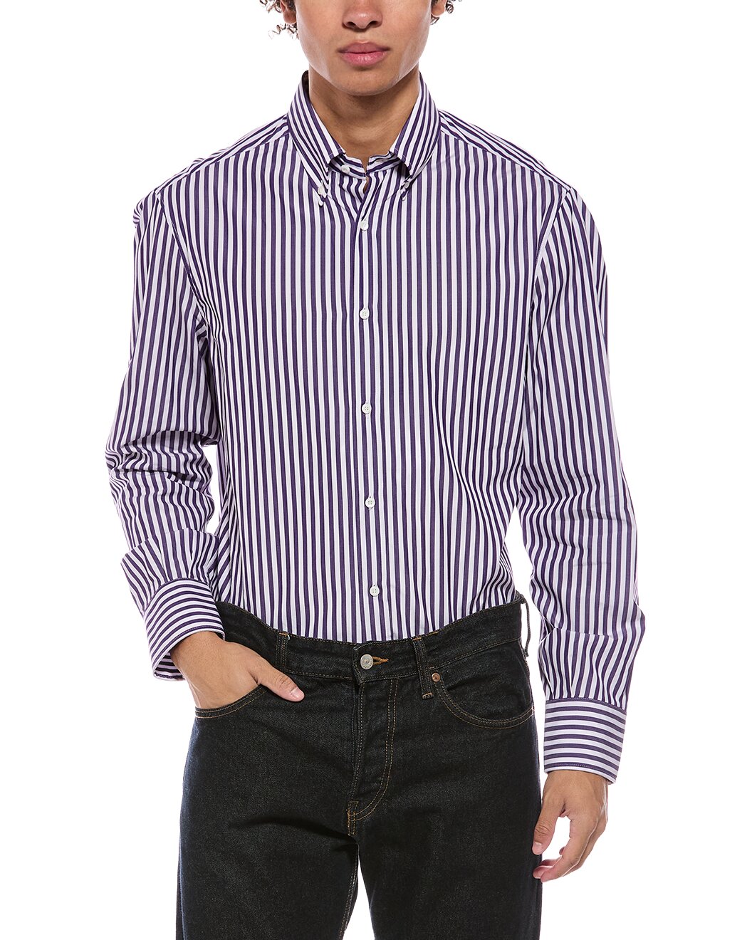 BRUNELLO CUCINELLI MEN'S WHITE AND PURPLE STRIPED COTTON SHIRT