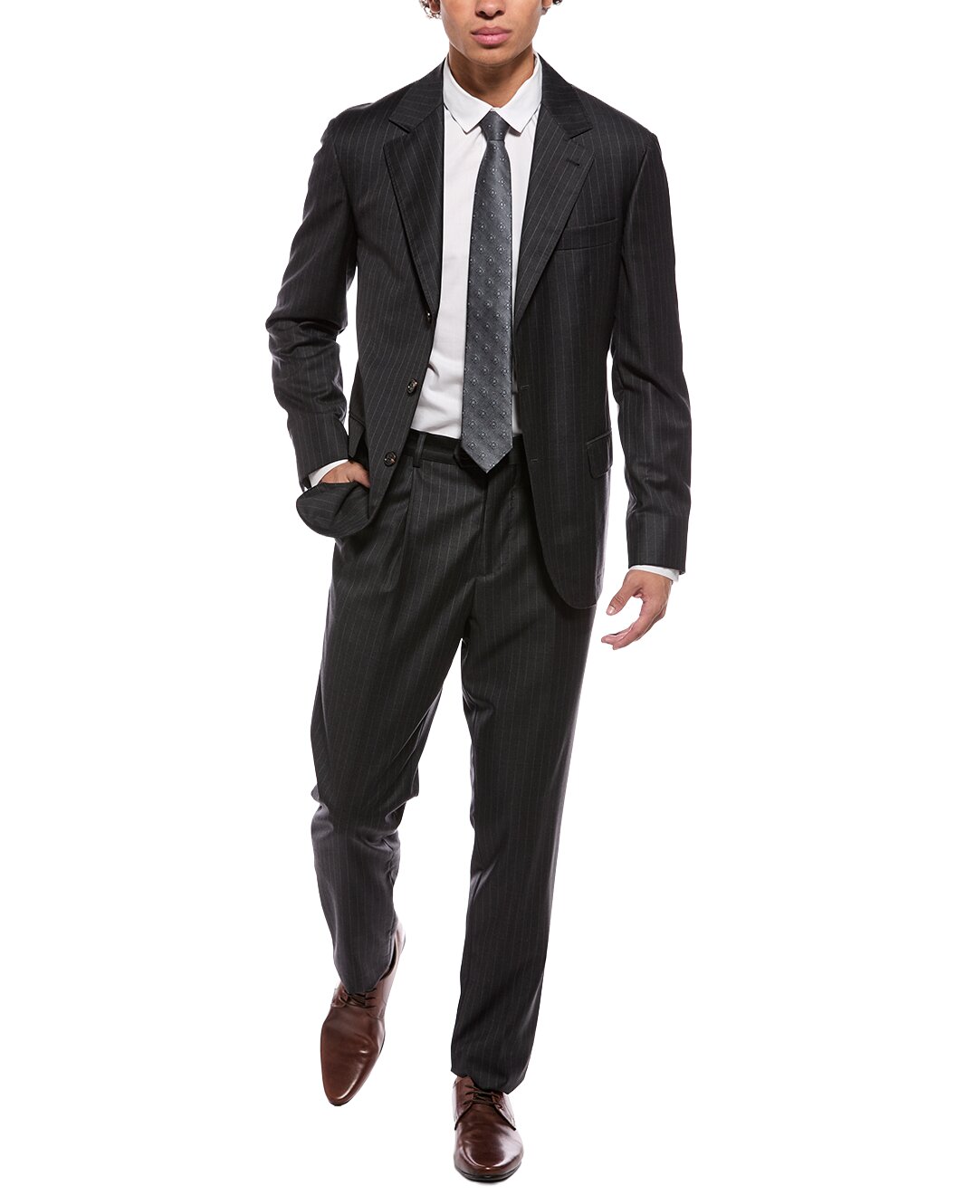 BRUNELLO CUCINELLI MEN'S MEDIUM GREY PINSTRIPE WOOL SUIT