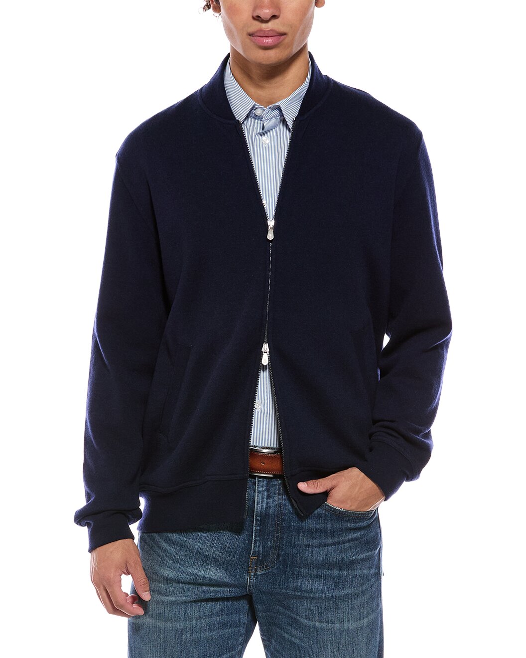 BRUNELLO CUCINELLI MEN'S NAVY WOOL ZIP FRONT BOMBER JACKET