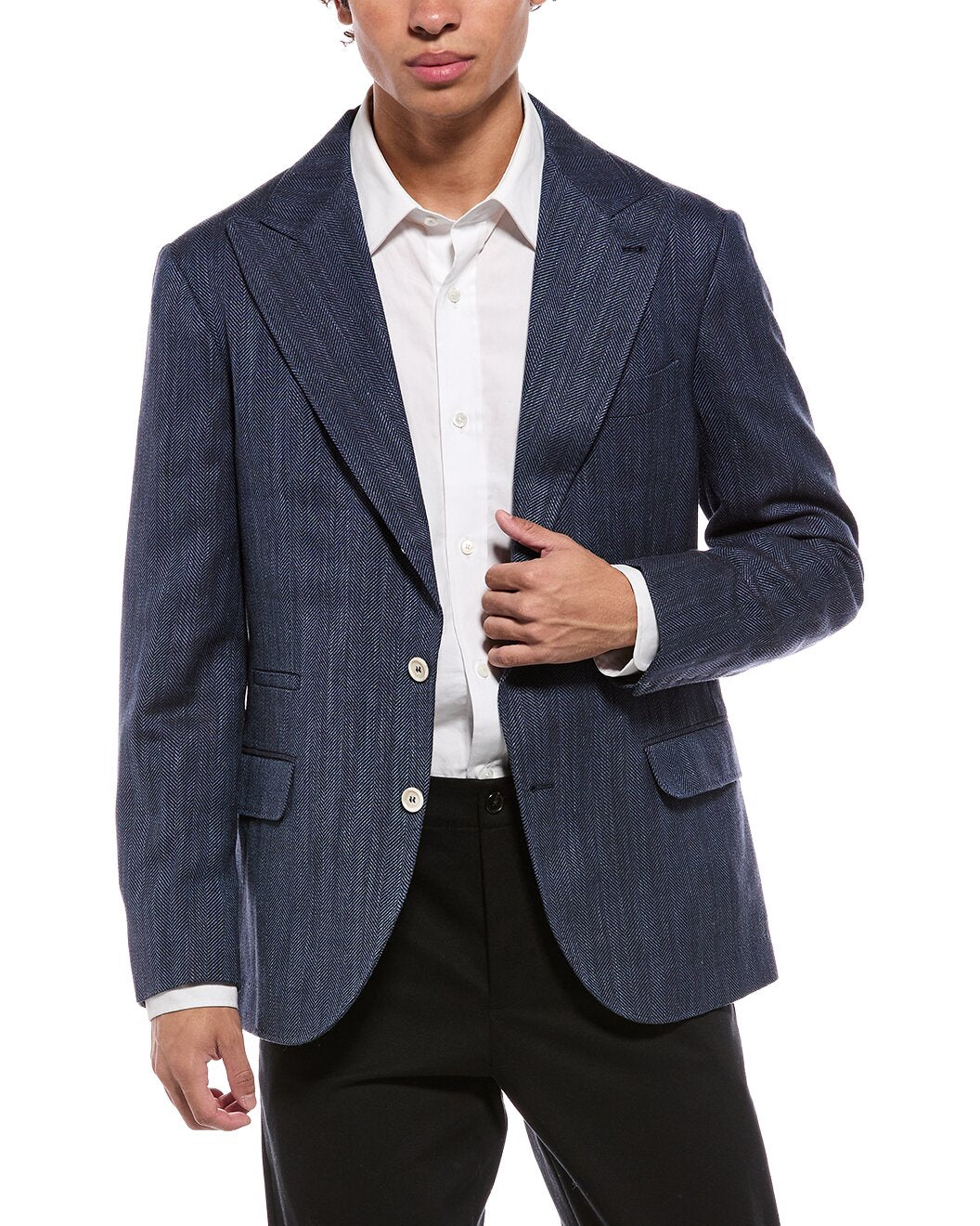BRUNELLO CUCINELLI MEN'S DENIM WOOL SILK LINEN HERRINGBONE JACKET