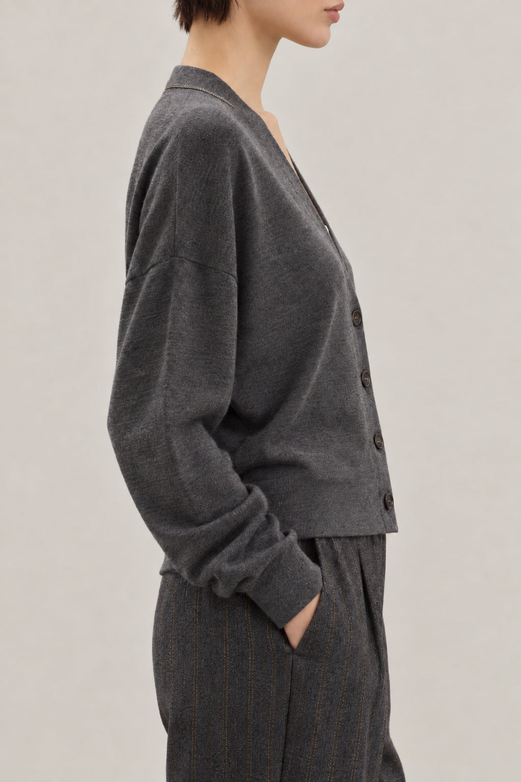 BRUNELLO CUCINELLI WOMEN'S LEAD WOOL SILK V NECK BUTTON SWEATER