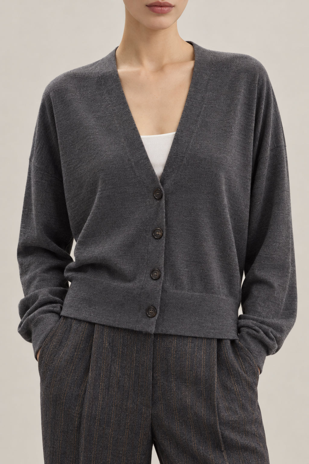 BRUNELLO CUCINELLI WOMEN'S LEAD WOOL SILK V NECK BUTTON SWEATER