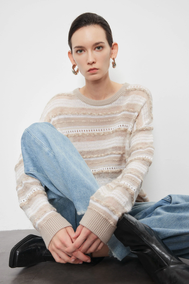 Max Simple Striped Crewneck Sweater Latte
