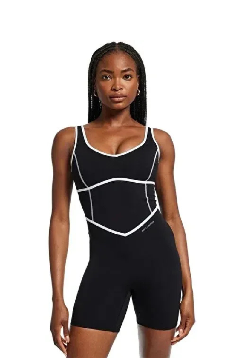 Bandier V-Neck Tempo Contrast Seam Playsuit Black/White BND10165