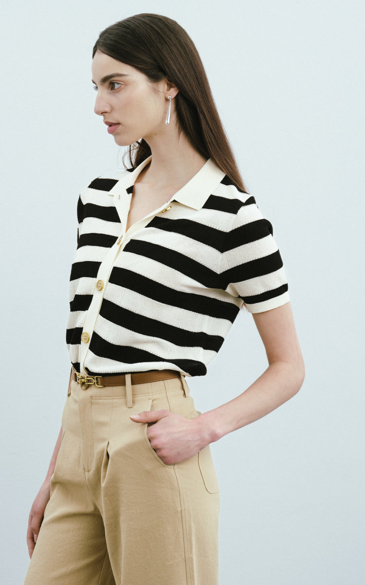 Max Simple Collared Striped Short-Sleeve Black
