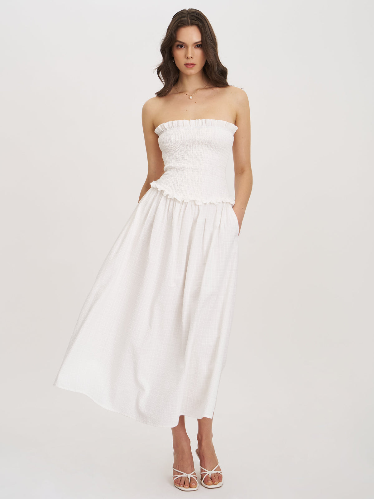Quadiya White Cotton Seersucker Smocked Strapless Midi Dress