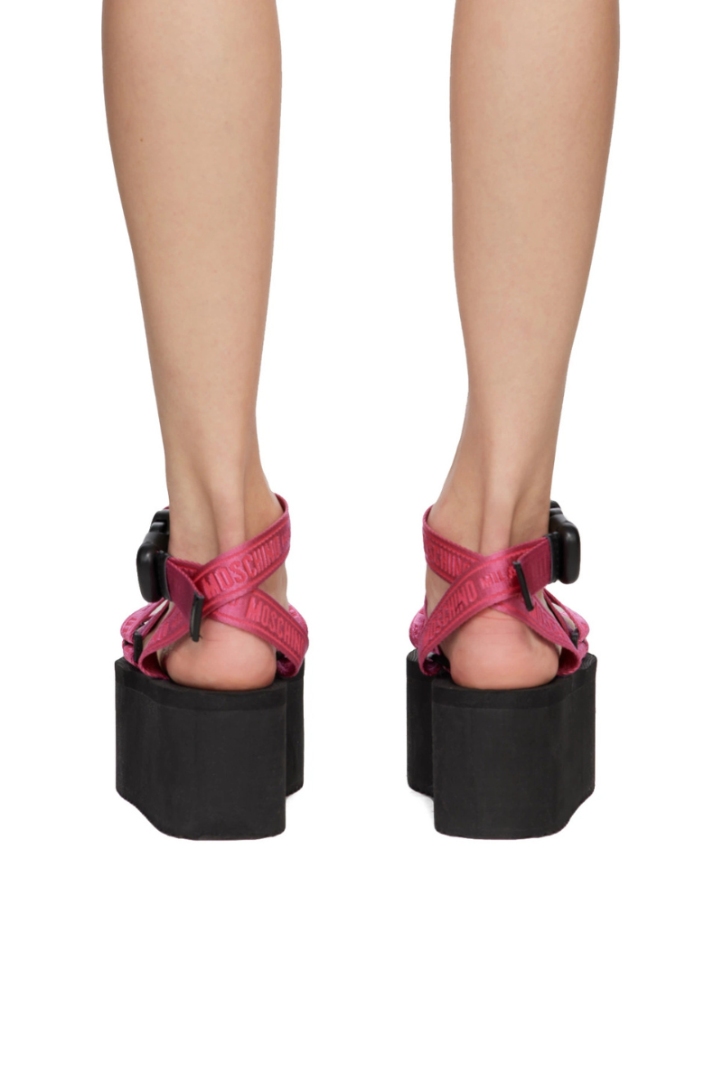 Moschino Logo Tape Wedge Sandals (Pink/Black & Black/White)