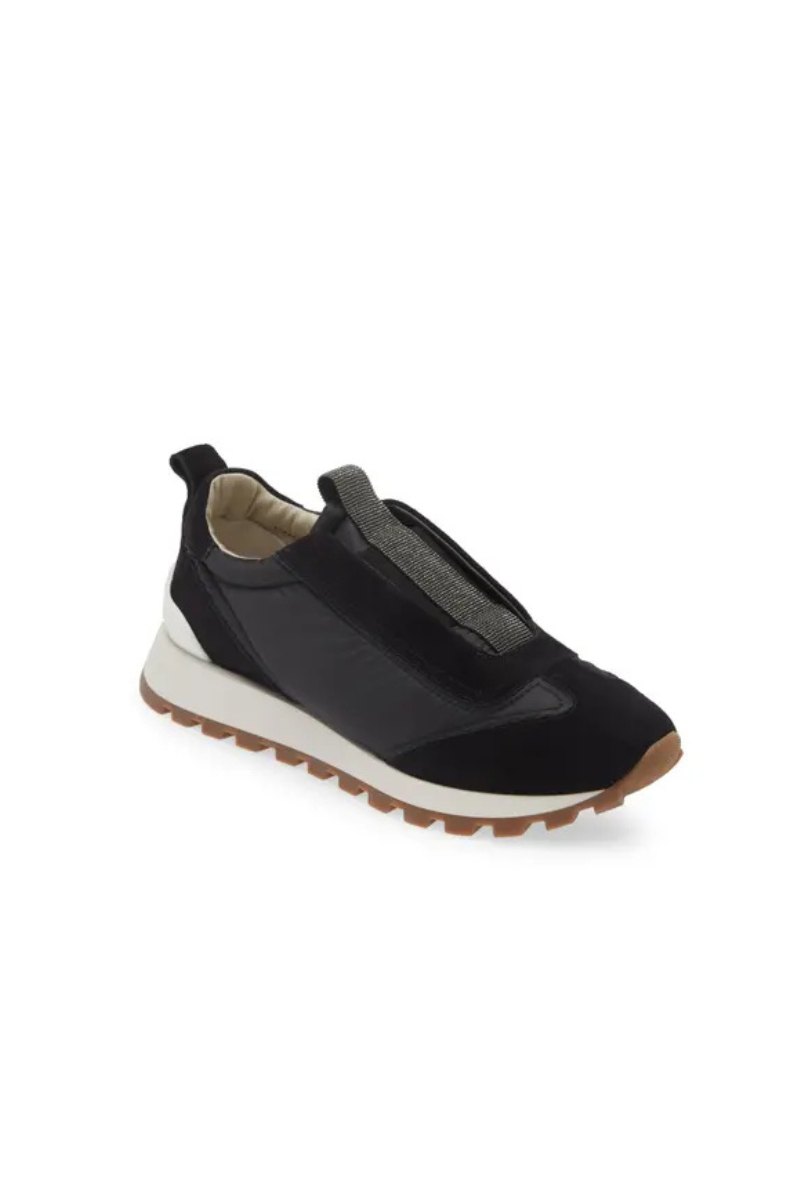 Brunello Cucinelli Mixed Leather Slip-On Runner Sneakers-Black