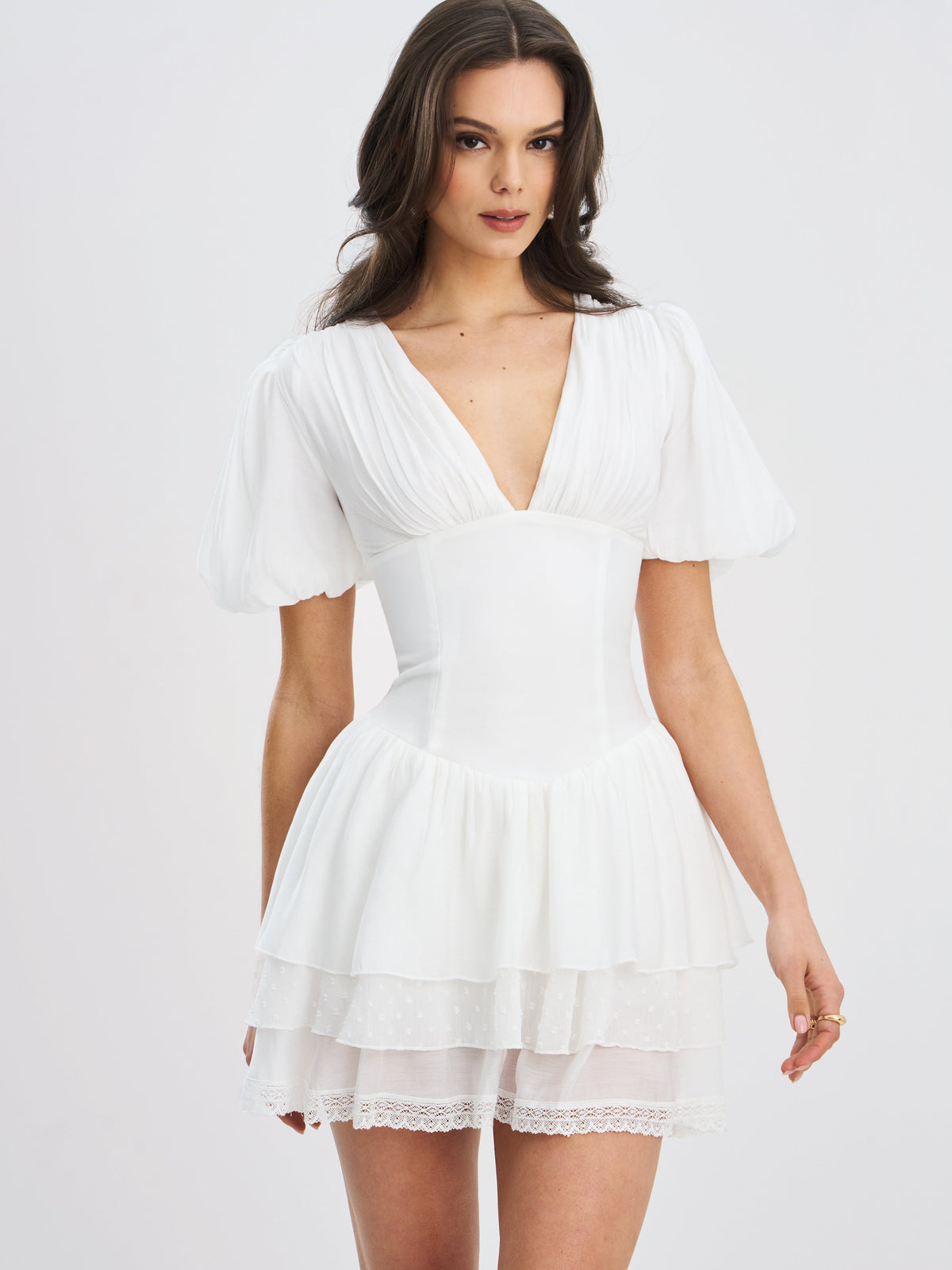 Caitlyn White Bubble Sleeve Corset Layered Mini Dress