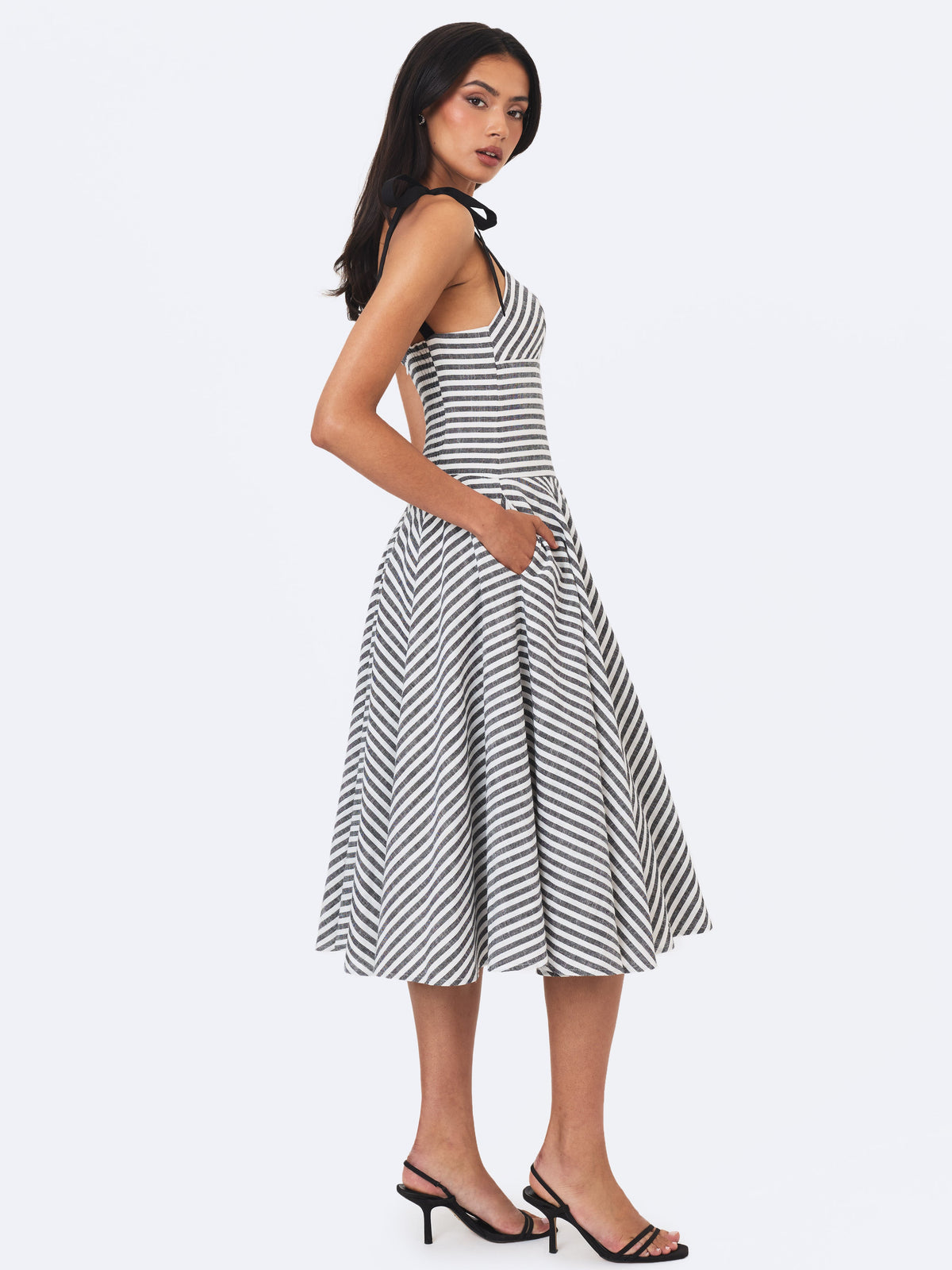 Riley Black & White Striped Linen Flared Midi Dress