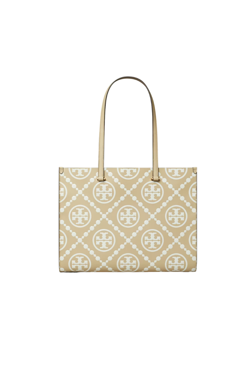 Tory Burch T Monogram Contrast Embossed Leather Tote Bag in Beige