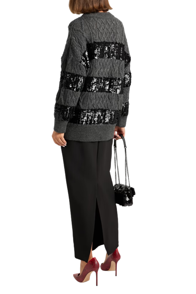 Valentino Garavani Sequin-Embellished Cable-Knit Wool Sweater Grigio Mel.Scuro/Nero 3B0KC50D88A_ZPH