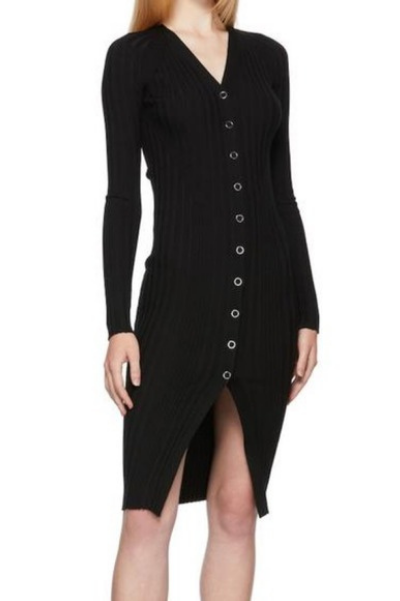 Dion Lee Women's Knit Dress A7485P21 in black with buttons and a slit, showcasing elegant modern design and comfortable fit.