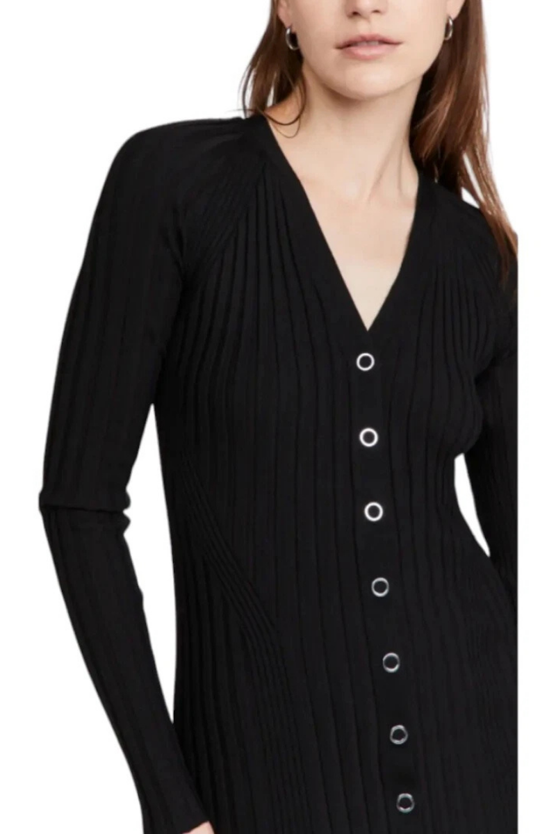 Dion Lee Women's Knit Dress A7485P21 featuring a stylish black ribbed design with buttons and a V-neckline.