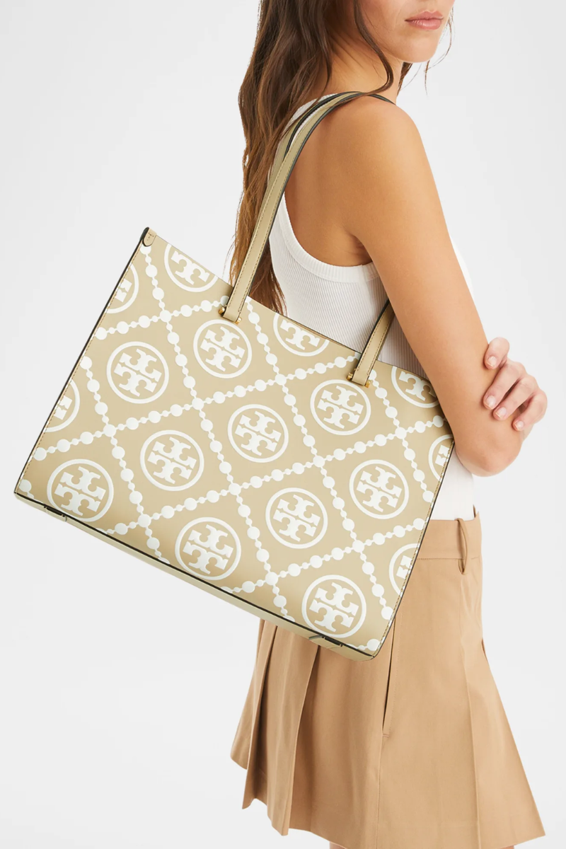 Tory Burch T Monogram Contrast Embossed Leather Tote Bag in Beige