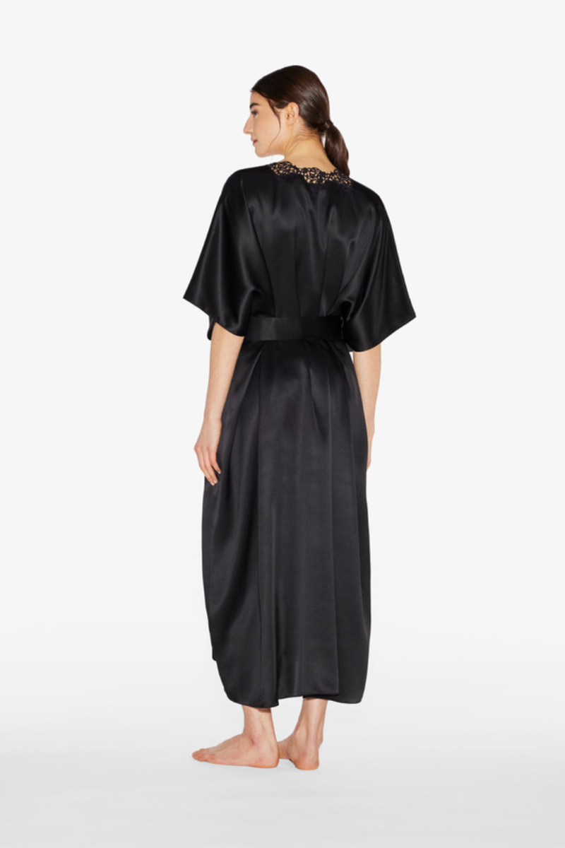 La Perla Black Long Silk Robe With Macramé