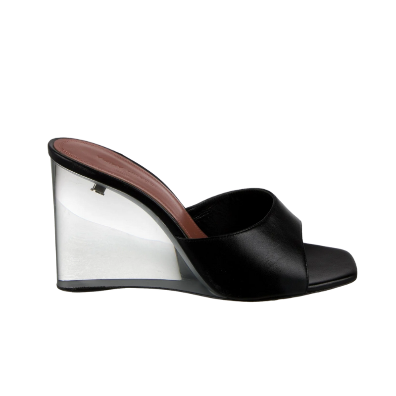 Womens | Amina Muaddi Leather Slide Wedge Heel Sandal Black