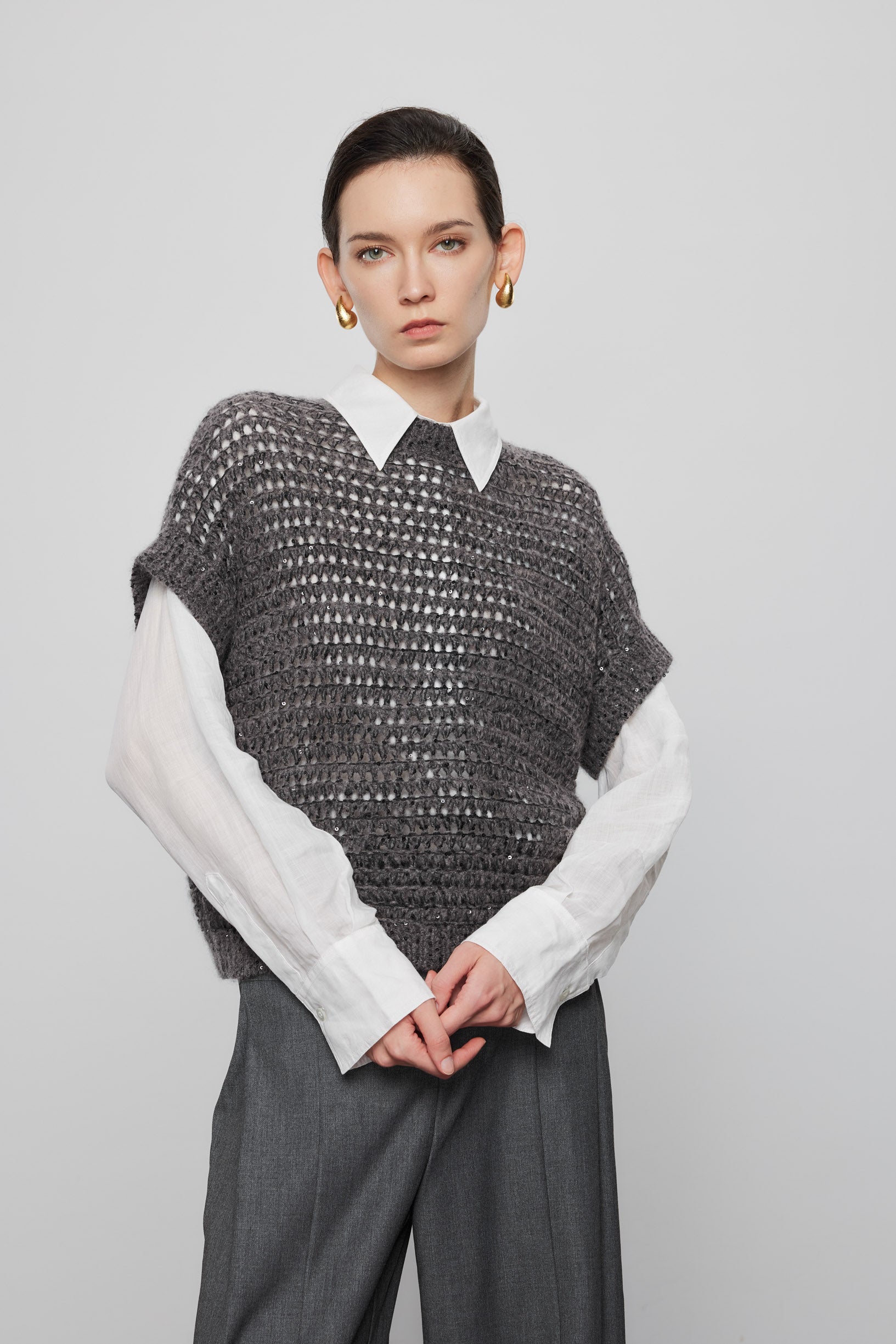 Max Simple Hand-Beaded Cashmere Pullover_Melange Grey