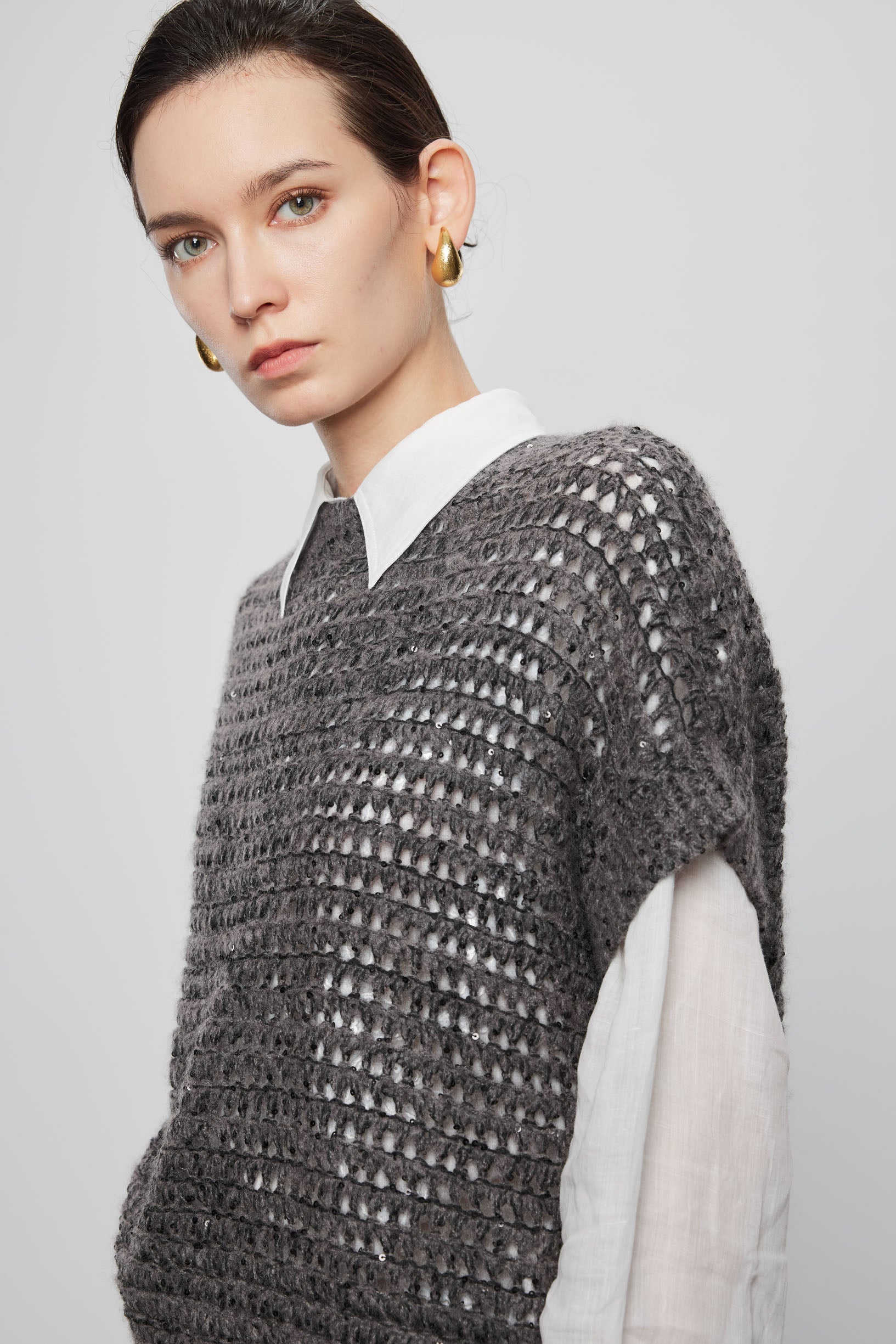 Max Simple Hand-Beaded Cashmere Pullover_Melange Grey