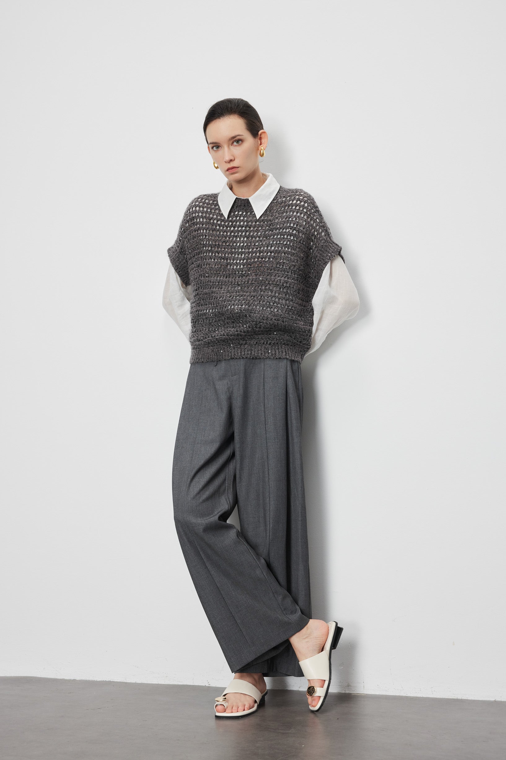 Max Simple Hand-Beaded Cashmere Pullover_Melange Grey