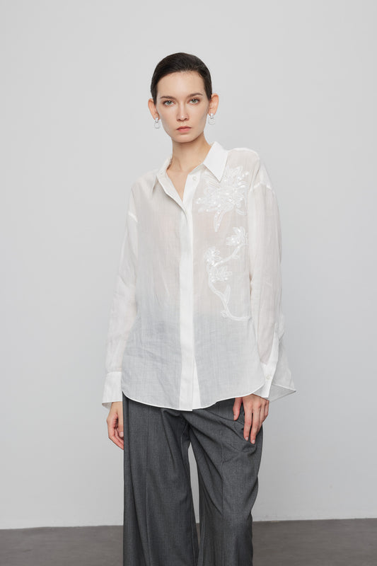 Max Simple Ramie Embroidered Shirt White MSJS250011W