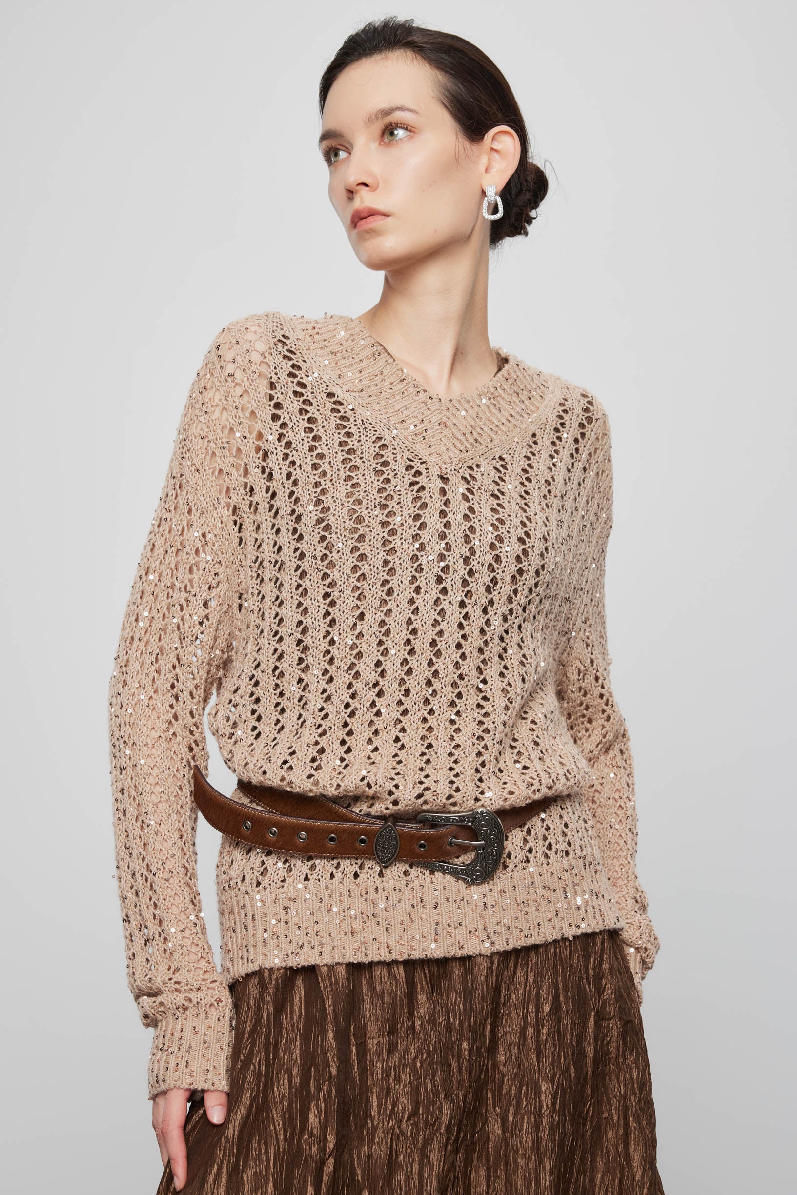 Max Simple Hand-Beaded Cashmere Pullover_Gold