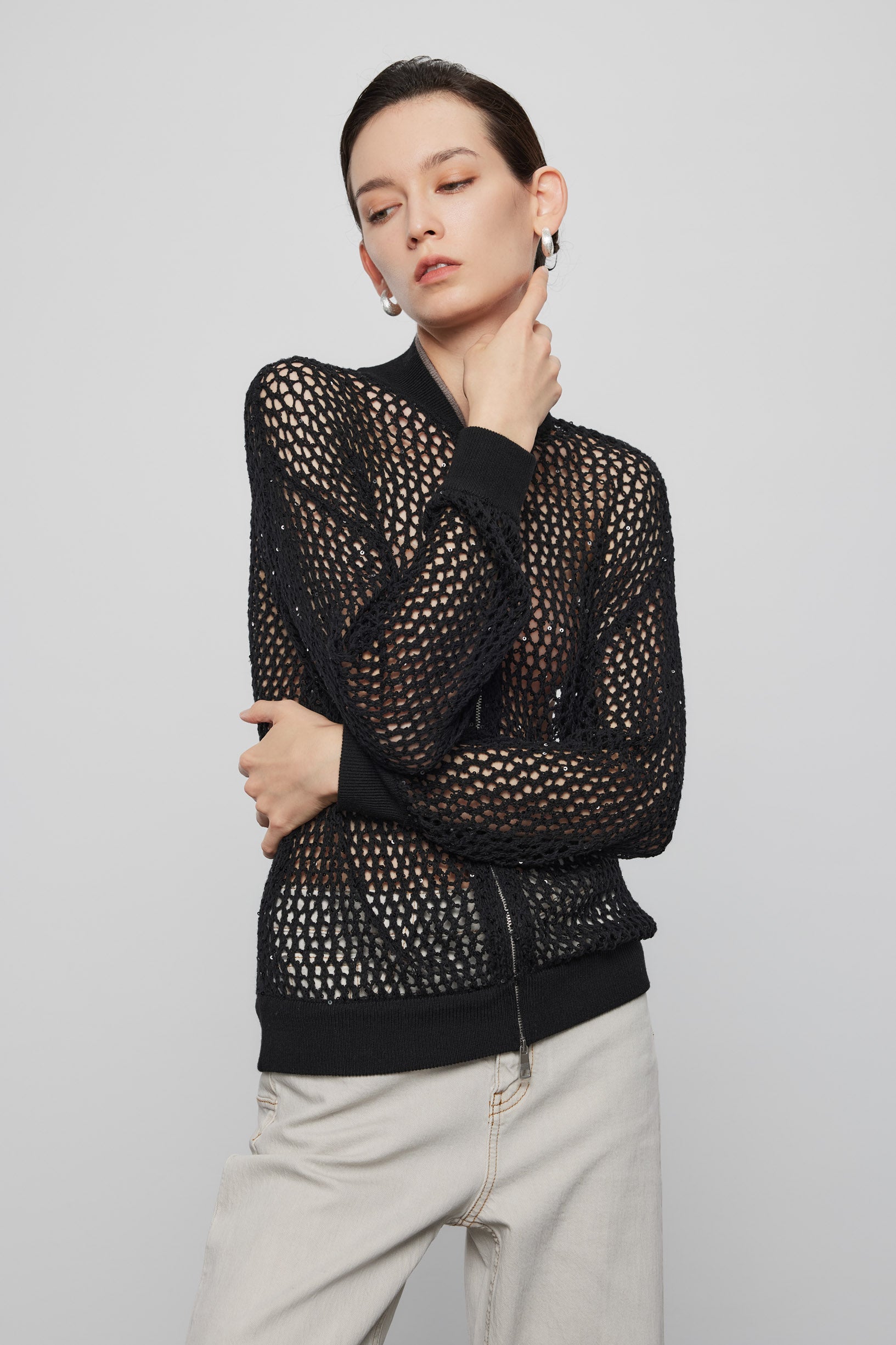 Max Simple Full-Zip Sequin Wool Cardigan_Black