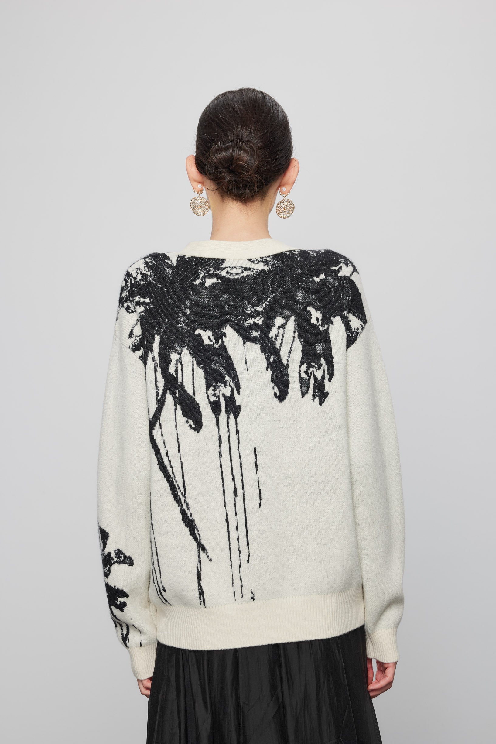 Max Simple Wool-Yak Blend Jacquard Cardigan_Black And White