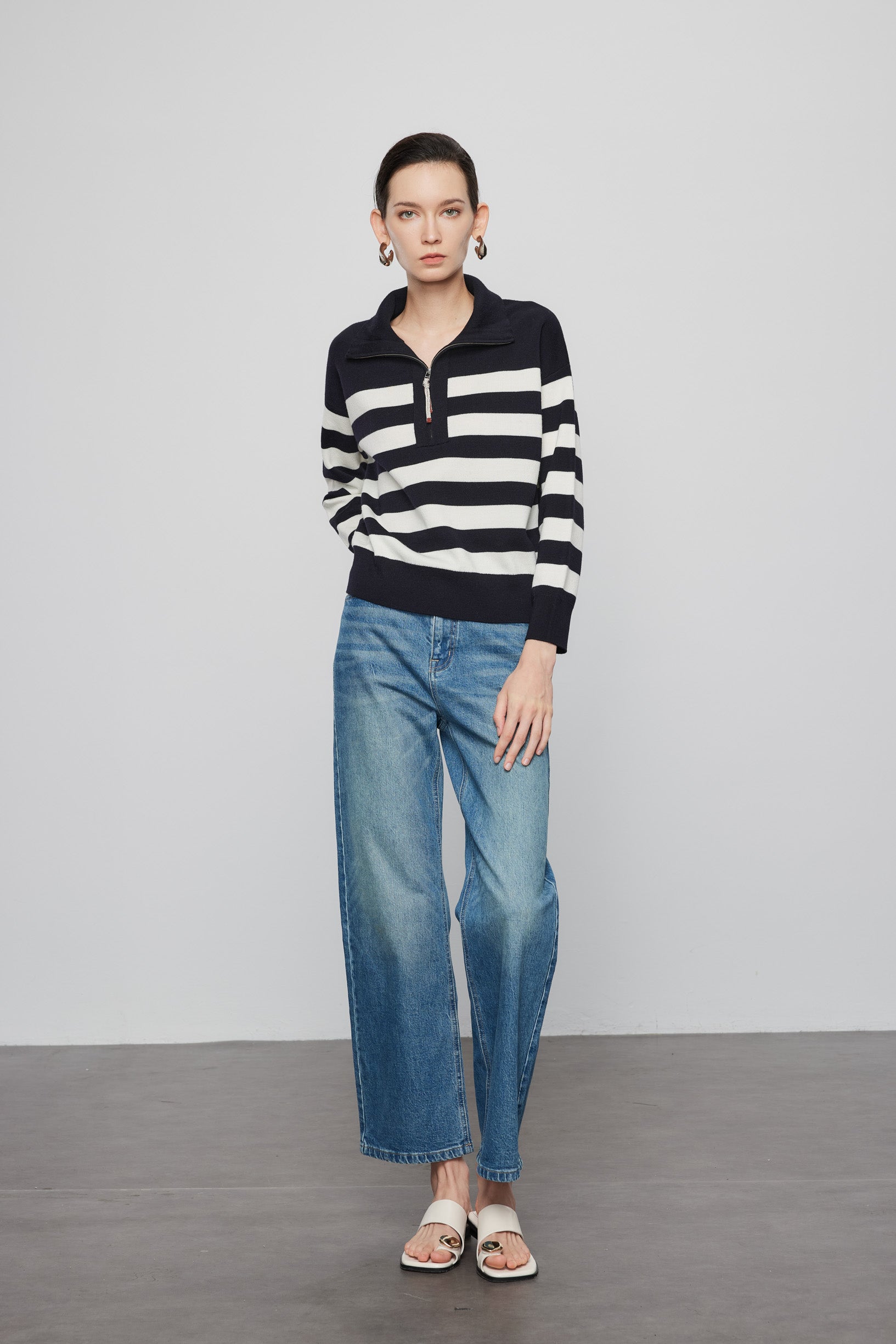 Max Simple Half-Zip Striped Wool Pullover Navy And White
