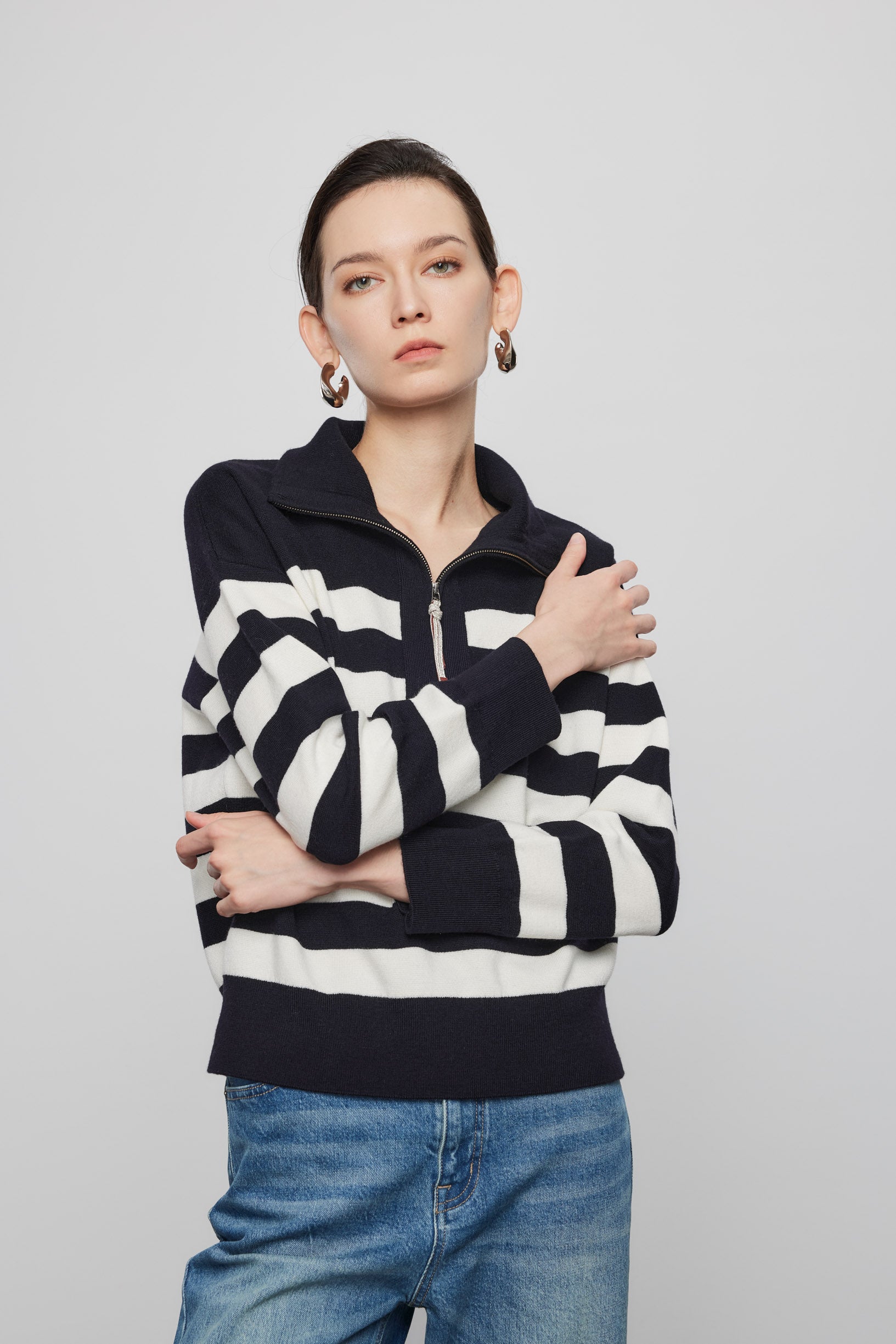 Max Simple Half-Zip Striped Wool Pullover Navy And White